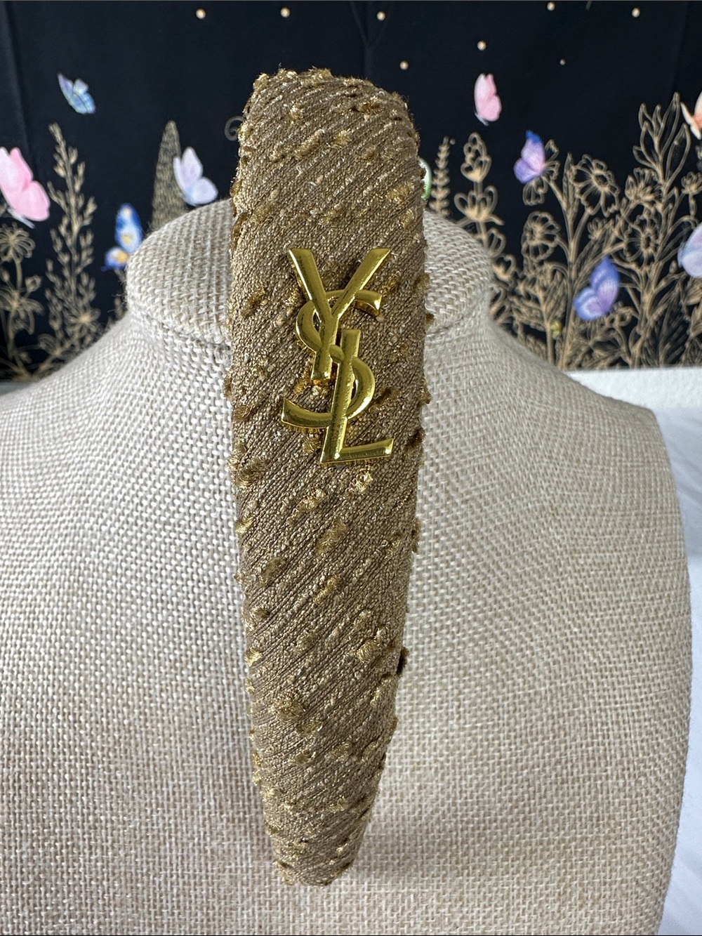 Fashion Luxury Metallic Taupe Fabric Headband with YSL Emblem